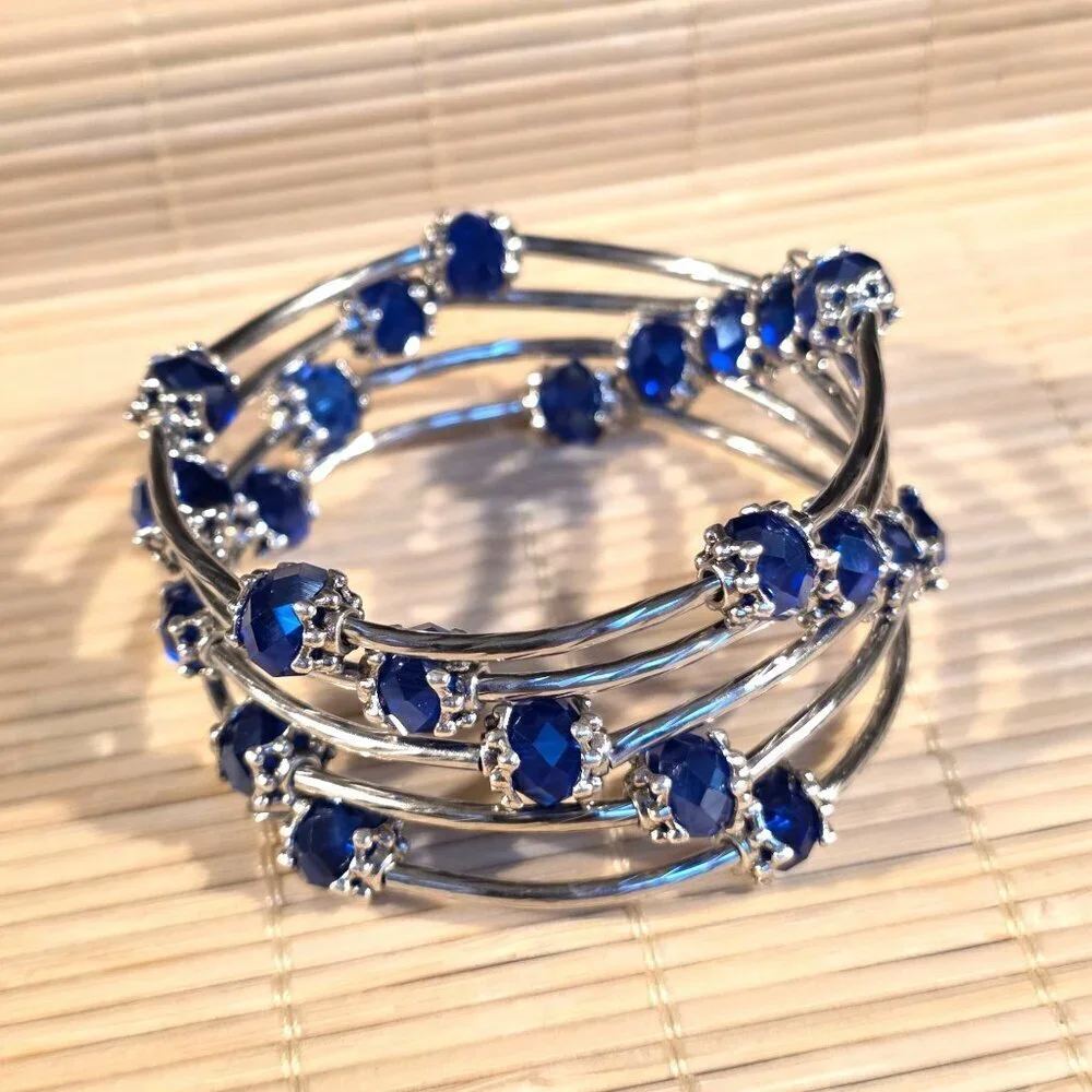 Silver Tone Crystal Wrap Bracelet With Blue Faceted Beads & Filigree Details